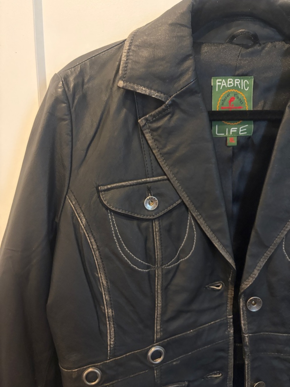 Women's Black Leather Button-Front Blazer - Picture 3 of 16